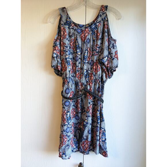 As U Wish Womens Sz M Above Knee Cold Shoulder Dress Blue Orange Floral Boho - Picture 1 of 5